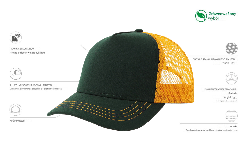 Czapka Trucker z Recyklingu -  Bottle Green & Yellow