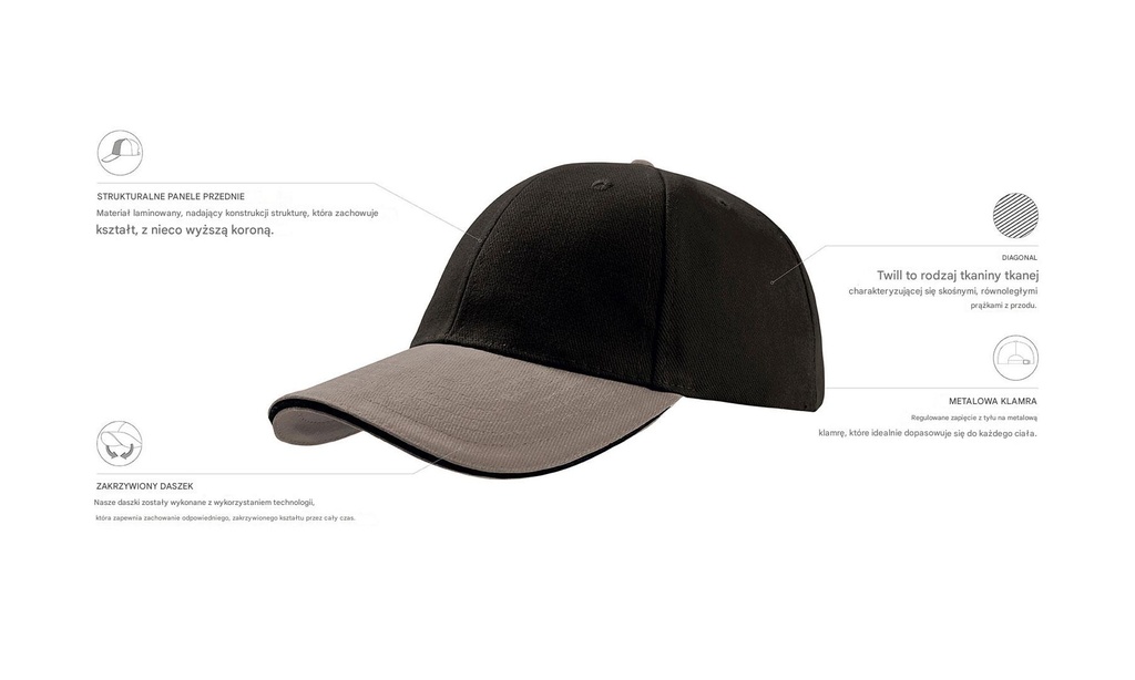 Czapka bawełniana 6-panelowa z zakrzywionym daszkiem - Black & Grey