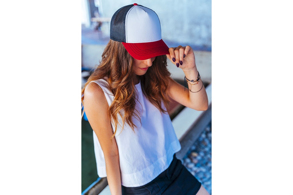 Czapka 5-panelowa z siateczką - Navy & Burgundy & Beige