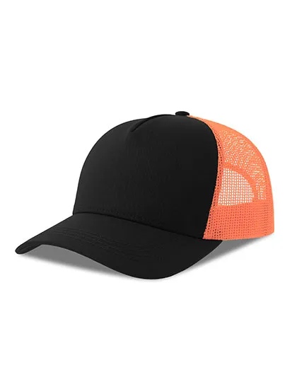 Czapka z Daszkiem Trucker Bawelna Organiczna Recykling Poliester AT535 - Black & Orange Fluo