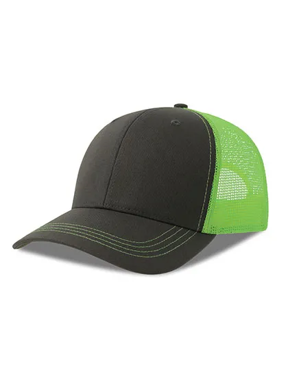 Czapka 6-panelowa Bawelna Recykling AT683 - Dark Grey & Green Fluo