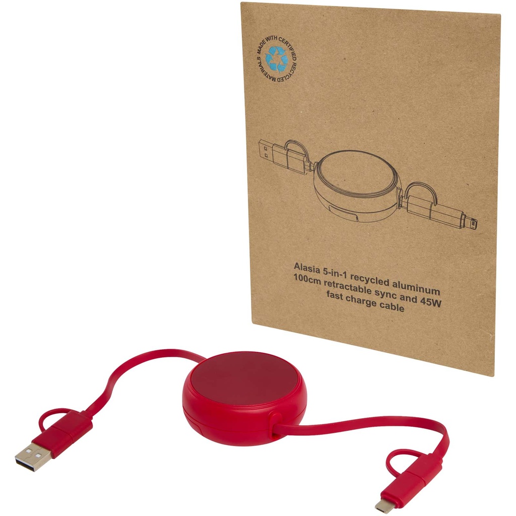 Alasia zwijany kabel do synchronizacji danych i szybkiego ładowania 5 w 1 45 W o długości 100 cm z tworzyw sztucznych i alumi 124420 - Czerwony
