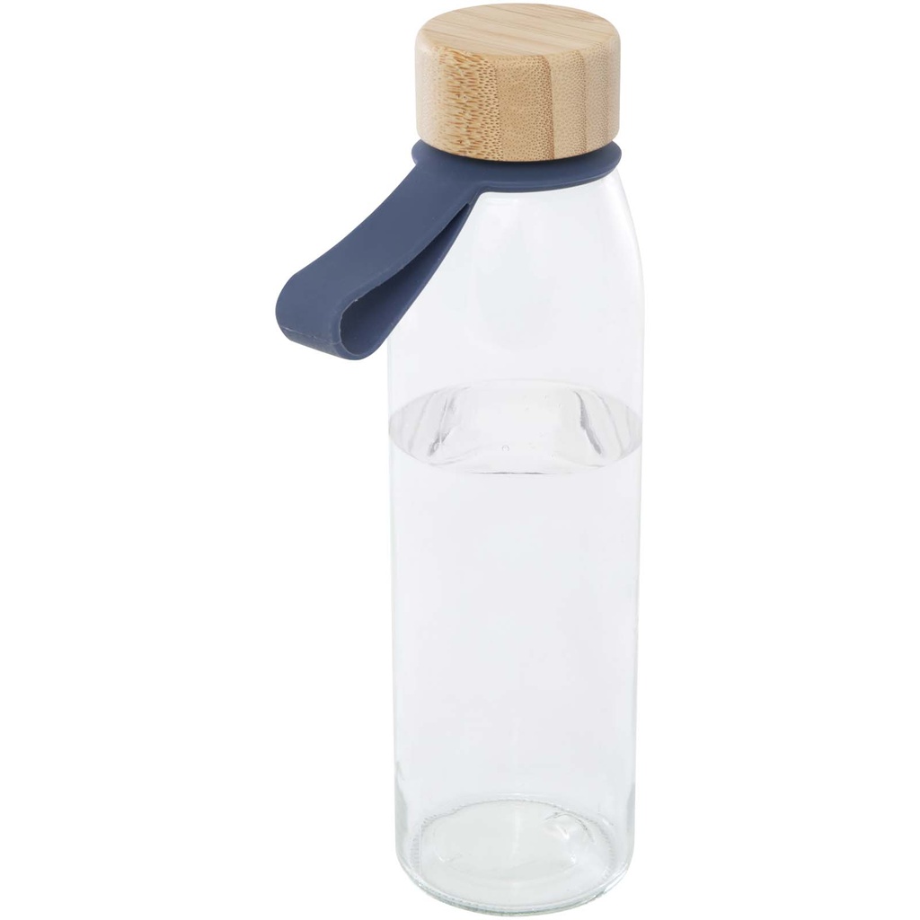 Szklana butelka na wodę Porto o pojemności 500 ml, z silikonowym uchwytem i z bambusową zakrętką 100853 - Oceaniczny niebieski