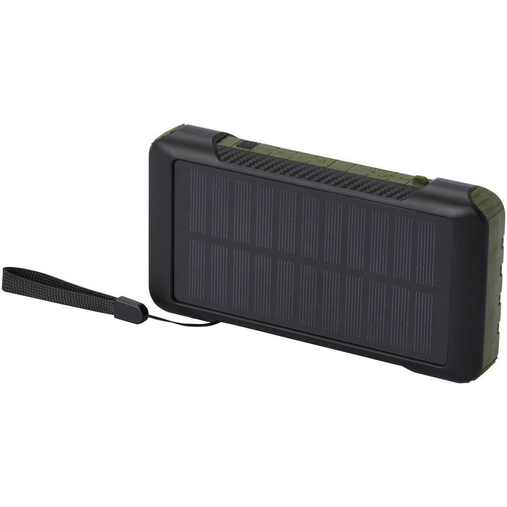 Soldy powerbank solarny o pojemności 10 000 mAh z dynamem wykonany z tworzyw sztucznych pochodzących z recyklingu z certyfika 124346 - Wojskowy zielony