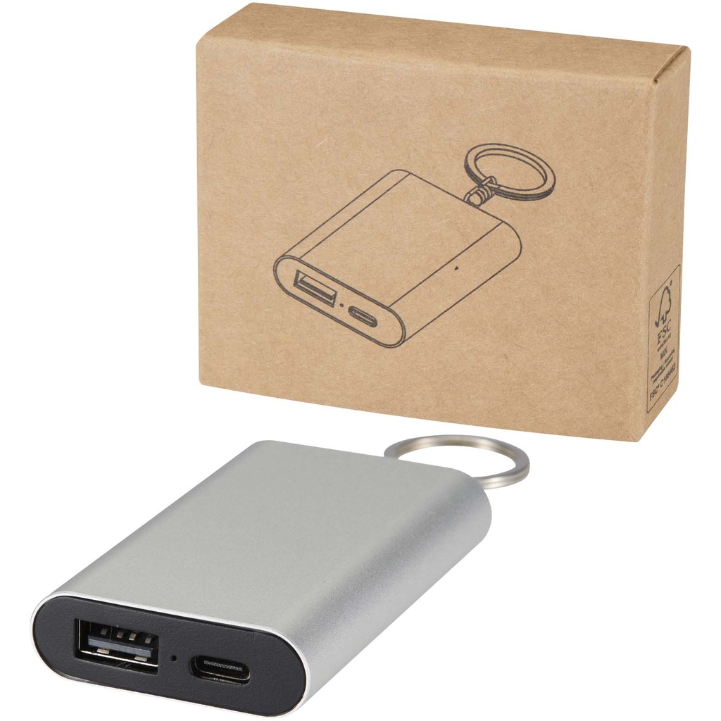 Arcturus powerbank o pojemności 2000 mAh z recyklingowanego aluminium z brelokiem 124517 - Srebrny