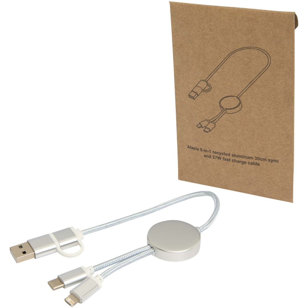 Alasia kabel do synchronizacji danych i szybkiego ładowania 5 w 1 27 W o długości 30 cm z tworzyw sztucznych i aluminium poch 124424 - Srebrny