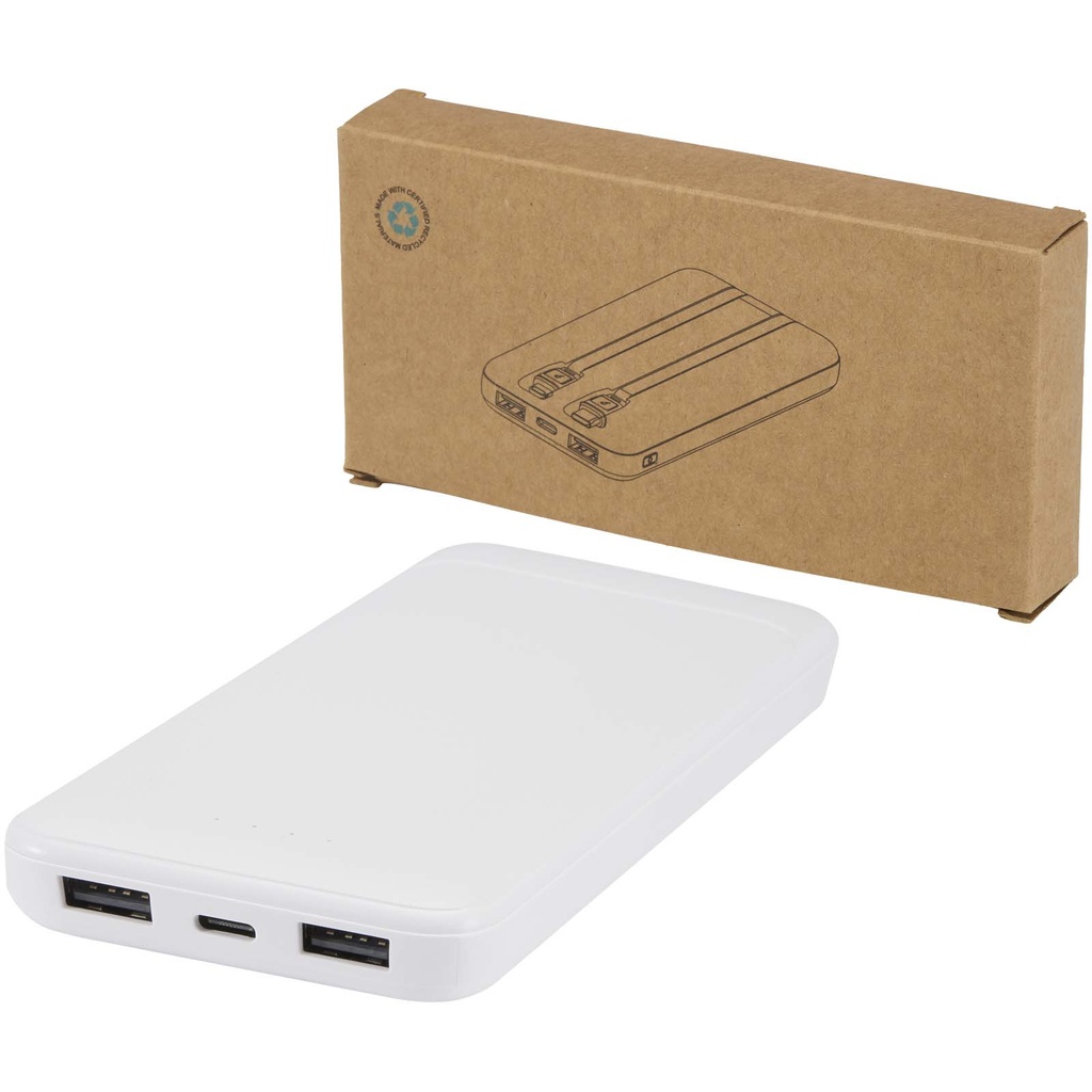 Adhil powerbank o pojemności 10.000 mAh i mocy 10 W z tworzyw sztucznych pochodzących z recyklilngu z 2 wbudowanymi kablami 124459 - Biały