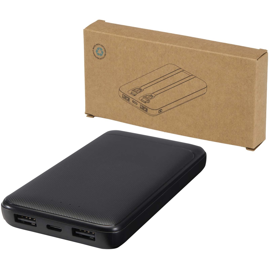 Adhil powerbank o pojemności 10.000 mAh i mocy 10 W z tworzyw sztucznych pochodzących z recyklilngu z 2 wbudowanymi kablami 124459 - Czarny