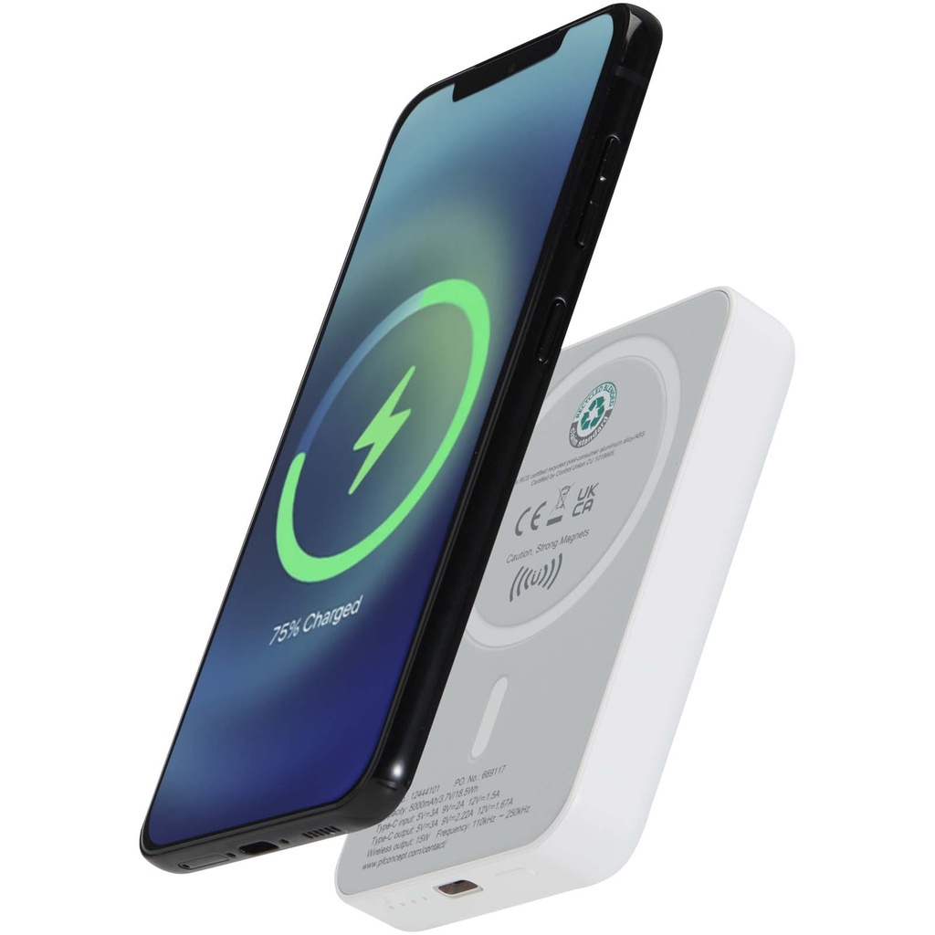 Acrab magnetyczny bezprzewodowy powerbank o pojemności 5000 mAh i mocy 15 W z technologią PD 20 W — wykonany z tworzyw sztycz 124441 - Biały