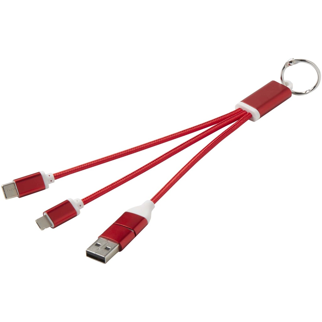 Metal kabel do ładowania 4 w 1 z aluminium z recyklingu z łańcuchem do kluczy 124382 - Czerwony
