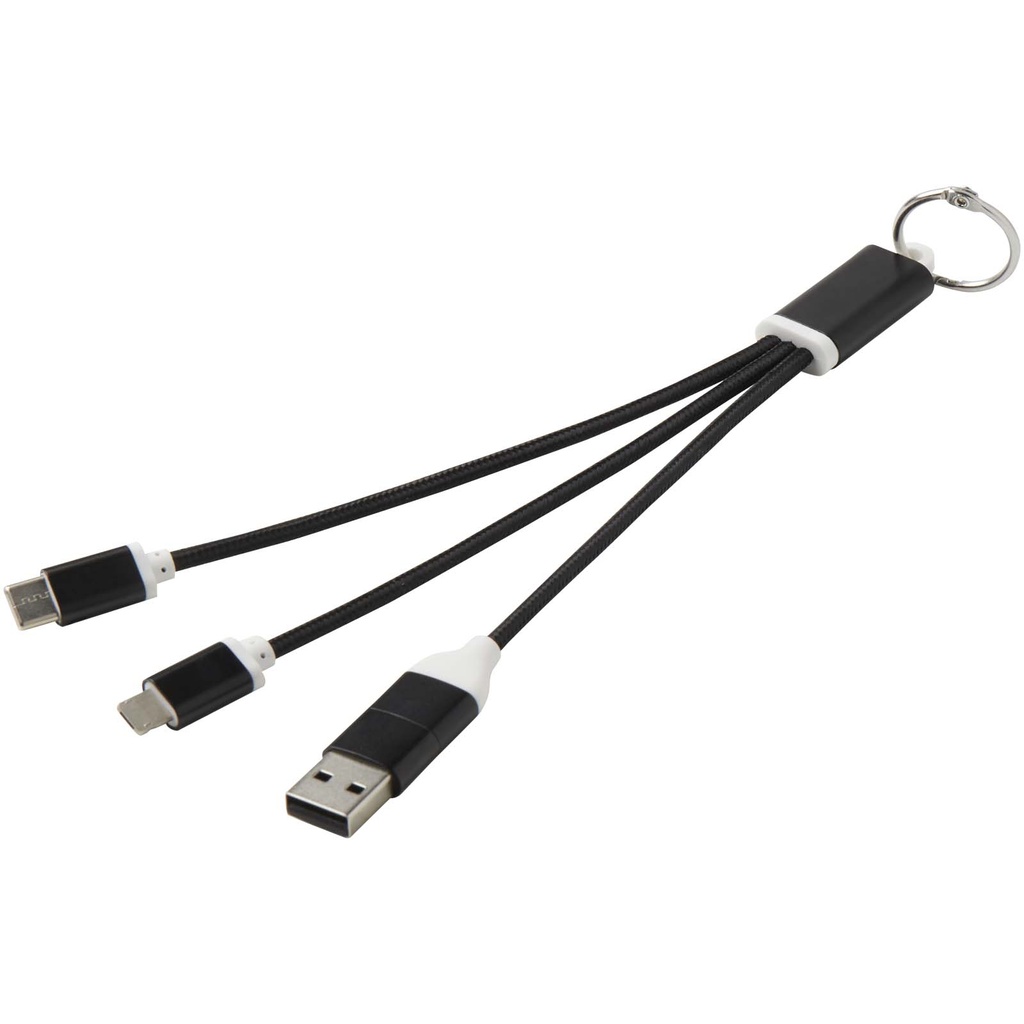 Metal kabel do ładowania 4 w 1 z aluminium z recyklingu z łańcuchem do kluczy 124382 - Czarny