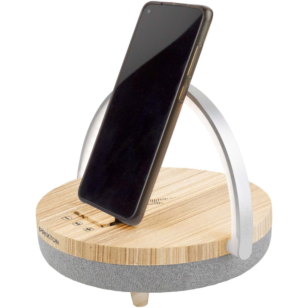 Prixton głośnik Bluetooth® 10 W 4 w 1 ze światłem LED i podstawą do ładowania bezprzewodowego 2PA160 - Drewniany