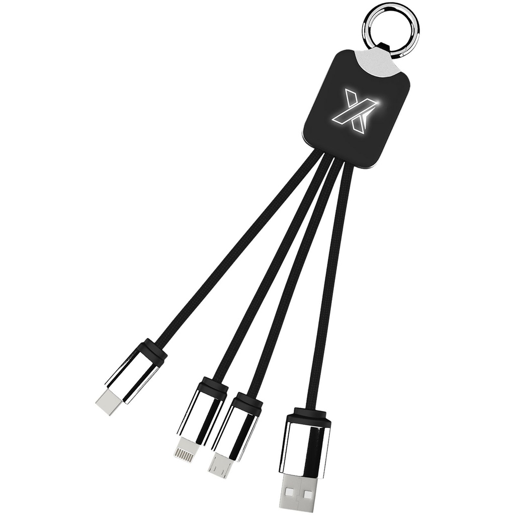 Kabel z podświetlonym logo 3w1 z brelokiem - SCX.design C15 2PX001 - Czarno-biały