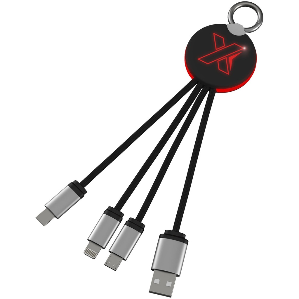 Kabel z podświetlonym logo 3w1 z brelokiem - SCX.design C16 2PX002 - Czerwono-czarny