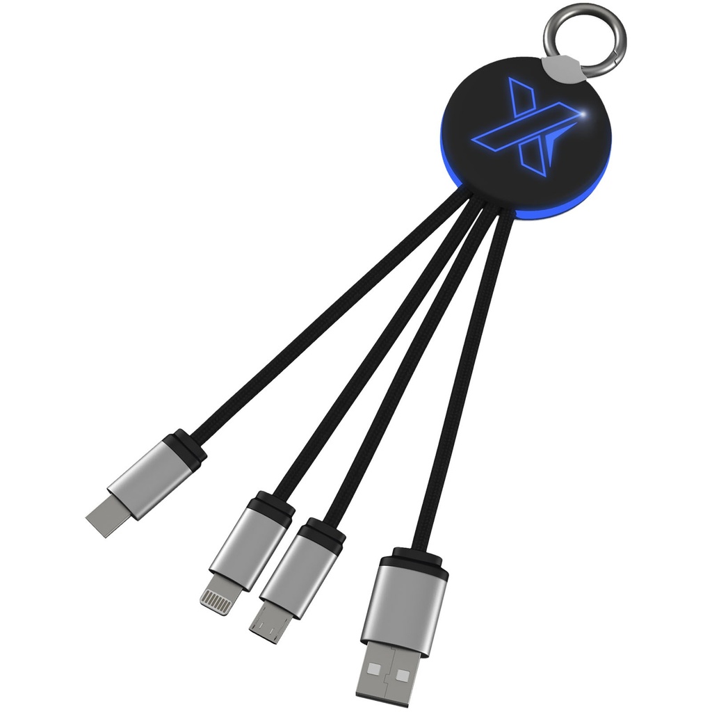 Kabel z podświetlonym logo 3w1 z brelokiem - SCX.design C16 2PX002 - Niebiesko-czarny