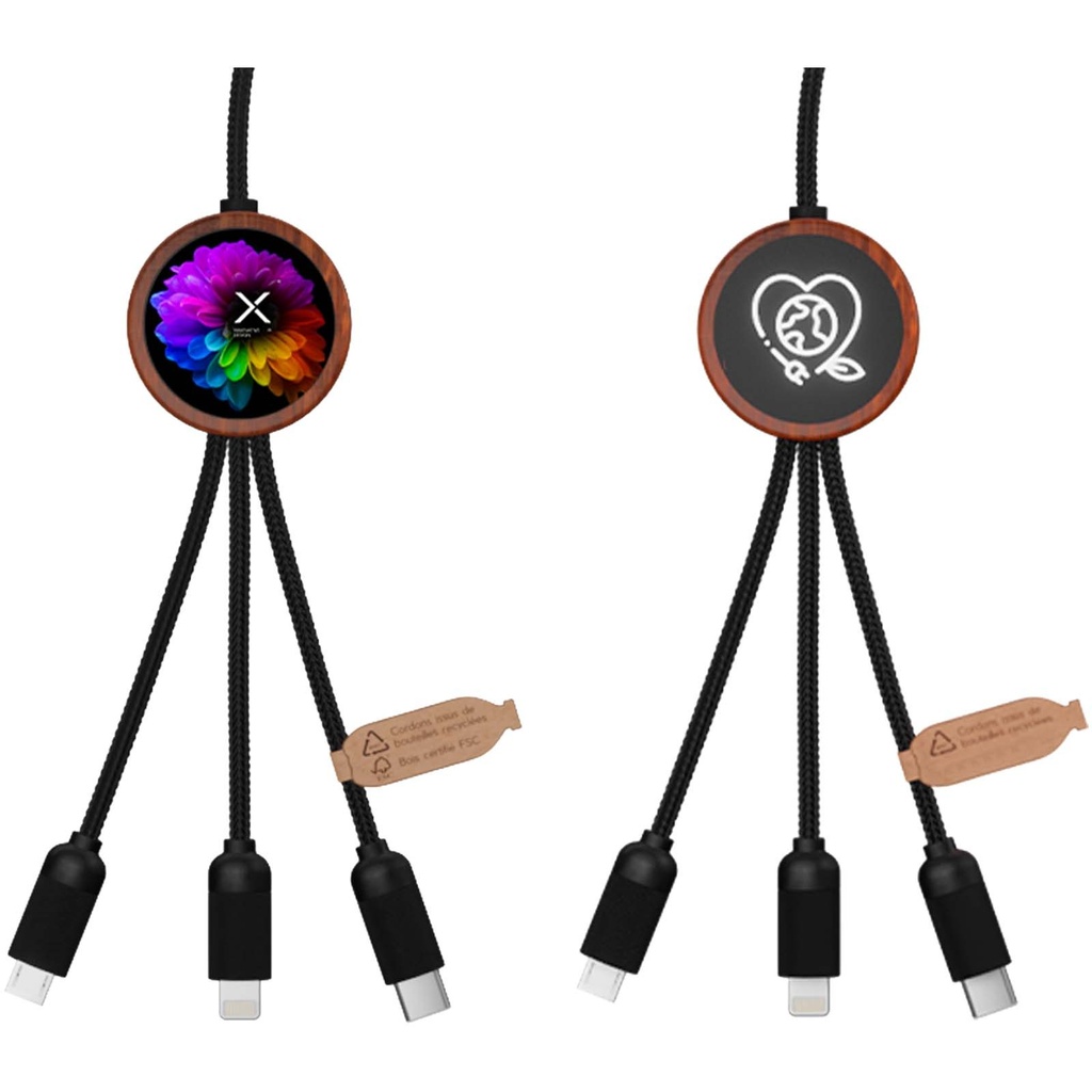 SCX.design C37 kabel do ładowania z podświetlanym logo 5-w-1 rPET i z okrągłą drewnianą obudową 40W 2PX071 - Drewniany