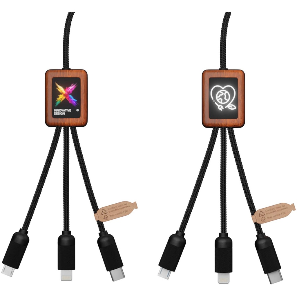 SCX.design C38 kabel do ładowania z podświetlanym logo 5-w-1 rPET i z kwadratową drewnianą obudową 40W 2PX072 - Czarno-drewniany