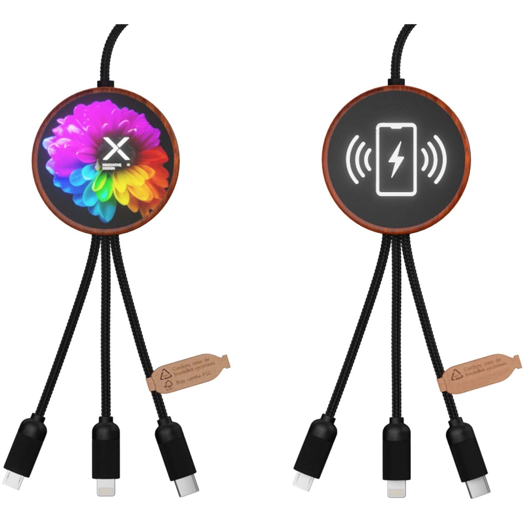 SCX.design C40 kabel ładujący z podświetlanym logo 5-w-1 rPET i z podkładką ładującą 10 W 2PX073 - Drewniany