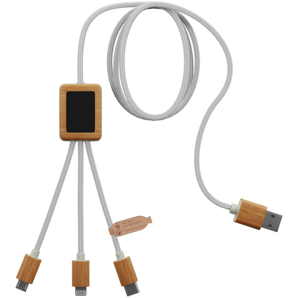 Kabel do ładowania SCX.design C39 z podświetlanym logo 3-w-1 z plastiku PET z recyklingu i z kwadratową drewnianą obudową 2PX108 - Biały