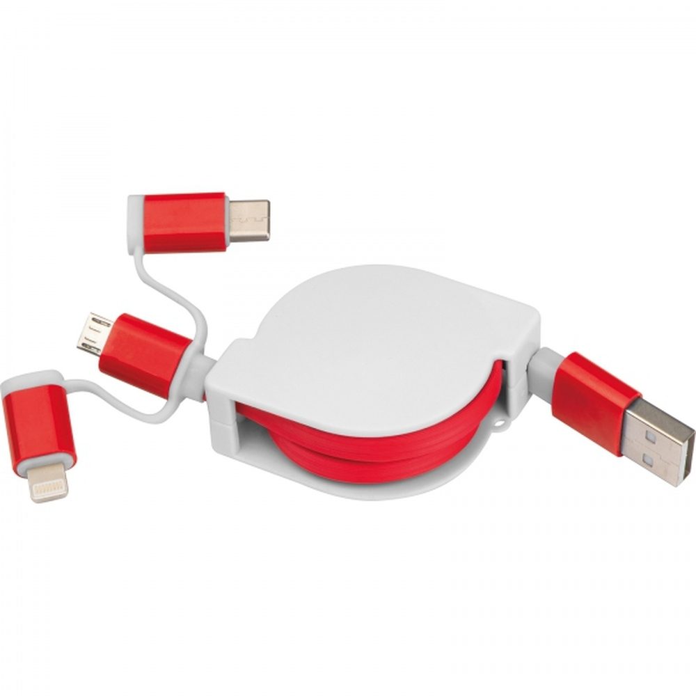 Kabel do ładowania z 3 wtyczkami rozwijany NICO 21652 - Czerwony