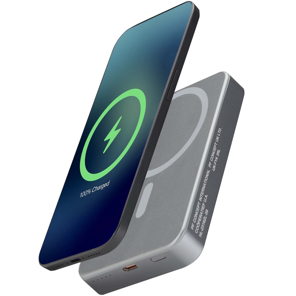 Powerbank Avis 10 000 mAh z recyklingowanego aluminium, z wbudowanym magnesem 124445 - Metaliczny grafitowy
