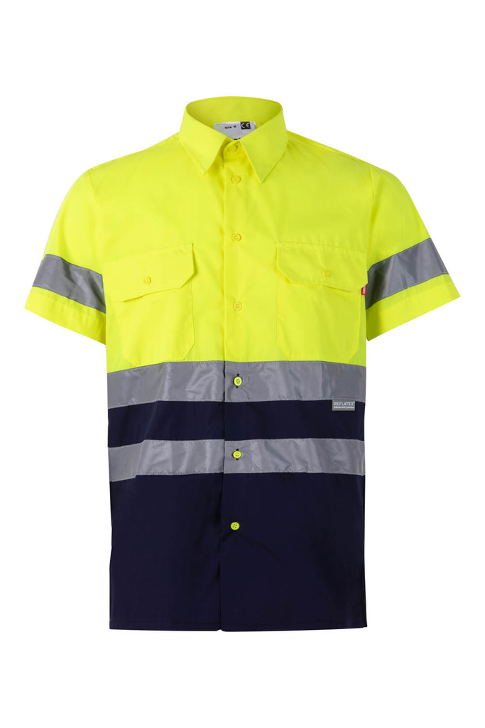 Koszula dwukolorowa z krótkim rękawem z odblaskami 142 - MARINE BLUE/HI-VIS YELLOW 01/20