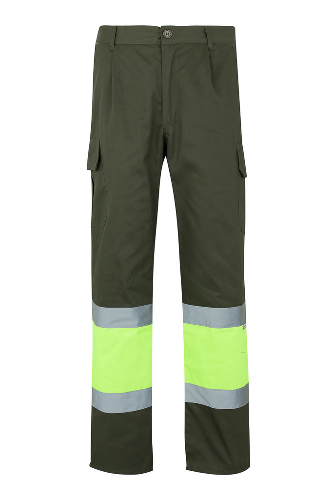 Spodnie dwukolorowe z wieloma kieszeniami z odblaskami 156 - KHAKI GREEN/HI-VIS YELLOW 03/20