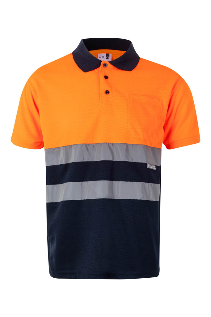 Koszulka polo dwukolorowa z krótkim rękawem z odblaskami 173 - MARINE BLUE/HI-VIS ORANGE 01/19