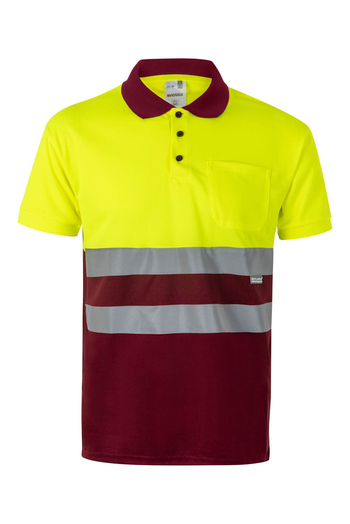 Koszulka polo dwukolorowa z krótkim rękawem z odblaskami 173 - MAROON/HI-VIS YELLOW 18/20