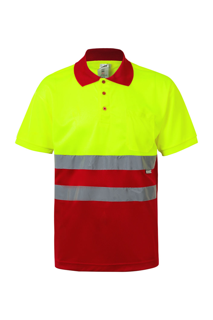 Koszulka polo dwukolorowa z krótkim rękawem z odblaskami 173 - RED/HI-VIS YELLOW 12/20