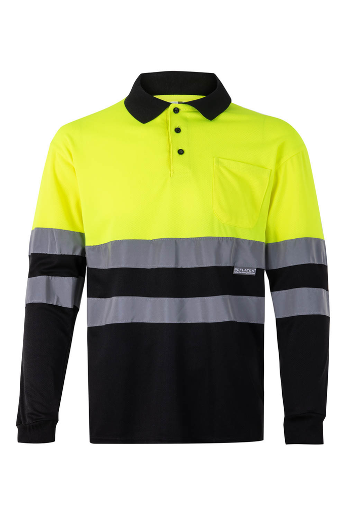 Koszulka polo dwukolorowa z długim rękawem z odblaskami 175 - BLACK/HI-VIS YELLOW 00/20
