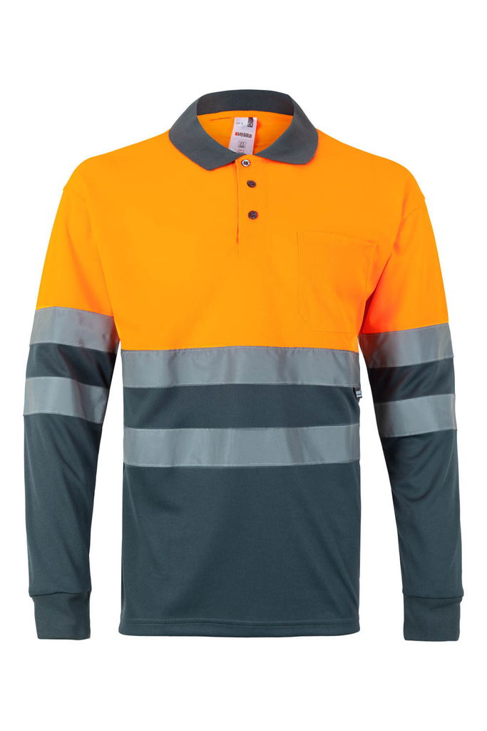 Koszulka polo dwukolorowa z długim rękawem z odblaskami 175 - GREY/HI-VIS ORANGE 08/19