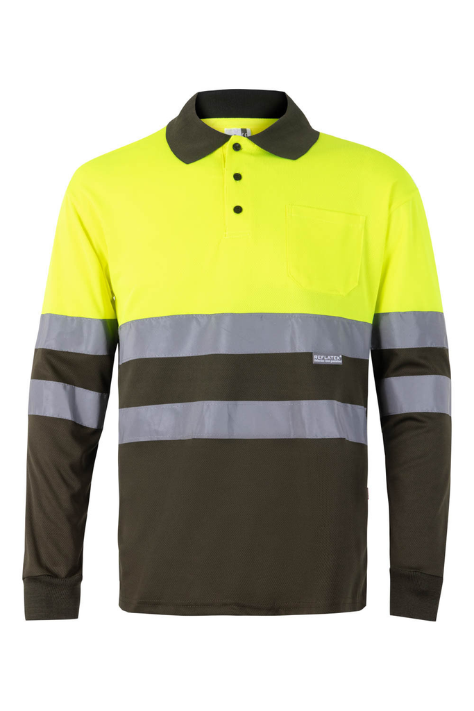 Koszulka polo dwukolorowa z długim rękawem z odblaskami 175 - KHAKI GREEN/HI-VIS YELLOW 03/20