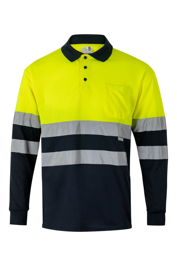 Koszulka polo dwukolorowa z długim rękawem z odblaskami 175 - MARINE BLUE/HI-VIS YELLOW 01/20