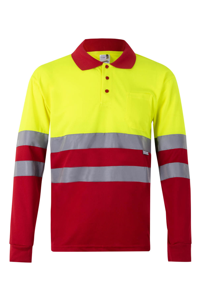 Koszulka polo dwukolorowa z długim rękawem z odblaskami 175 - RED/HI-VIS YELLOW 12/20