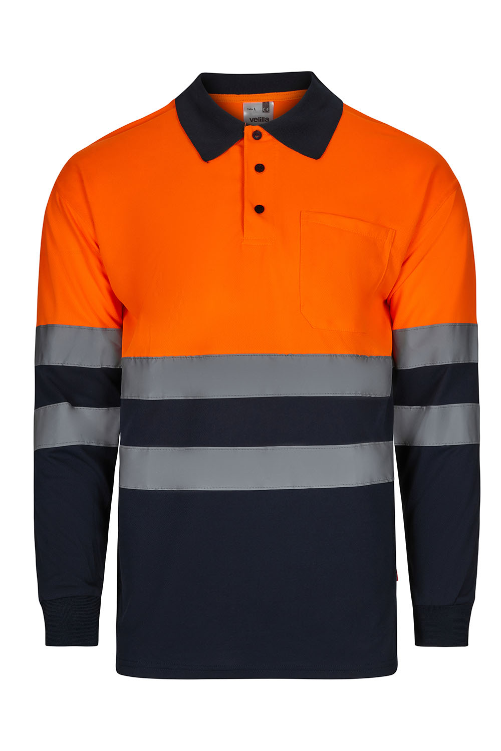 Koszulka polo dwukolorowa z długim rękawem z odblaskami 305507 - MARINE BLUE/HI-VIS ORANGE 01/19