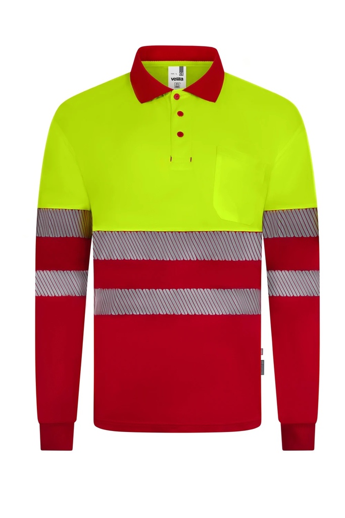 Koszulka polo dwukolorowa z długim rękawem z odblaskami 305535 - RED/HI-VIS YELLOW 12/20