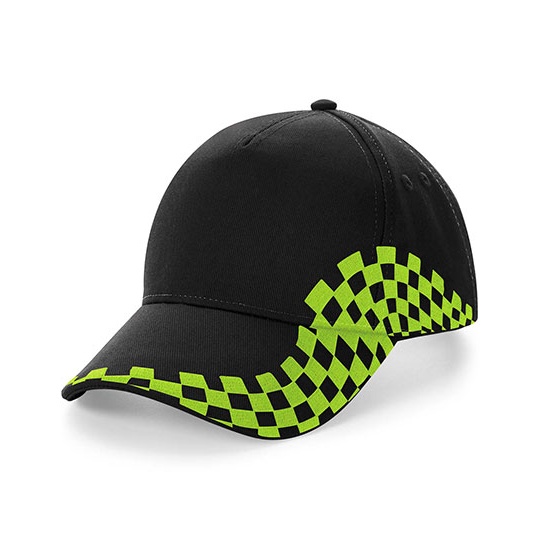 Czapka 5 Paneli Bawelniana Haftowana w Kratke CB159 - Black & Lime Green