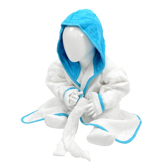 Szlafrok Frotte Z Kapturem AR022 - White & Aqua Blue