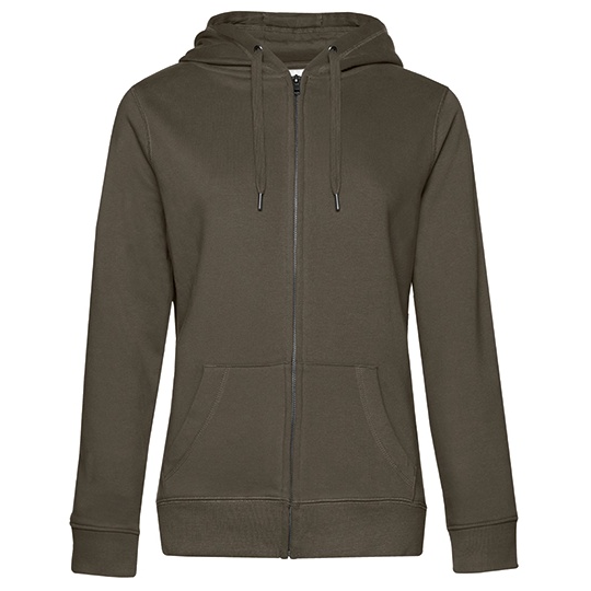 Bluza Damska Z Kapturem Z Zamkiem Wstepnie Prana Bawelniana BCWW03Q - Khaki