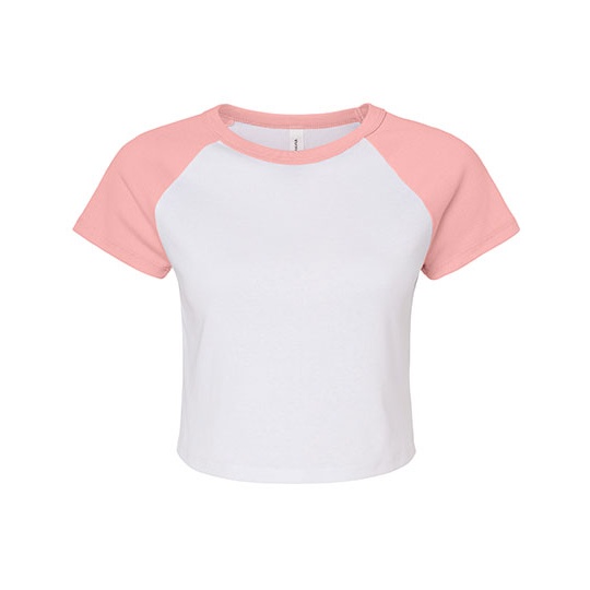 Damski prążkowany T-shirt crop z raglanowym rękawem BL1201 - White & Pink