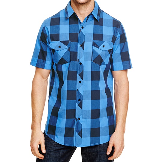 Koszula Klasyczna Krótki Rękaw Flanela w Kratę BU9203 - Black - Blue (Checked)