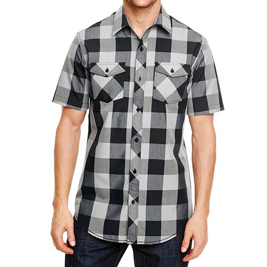 Koszula Klasyczna Krotki Rekaw Flanela w Krate BU9203 - Black - White (Checked)