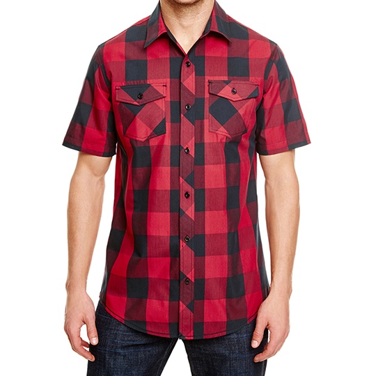 Koszula Klasyczna Krotki Rekaw Flanela w Krate BU9203 - Red - Black (Checked)