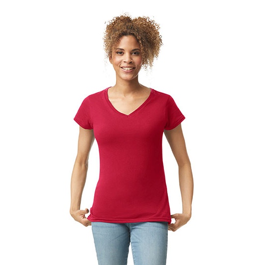 T-Shirt Damski Slim V-Neck Bawelniany G64V00L - Cherry Red