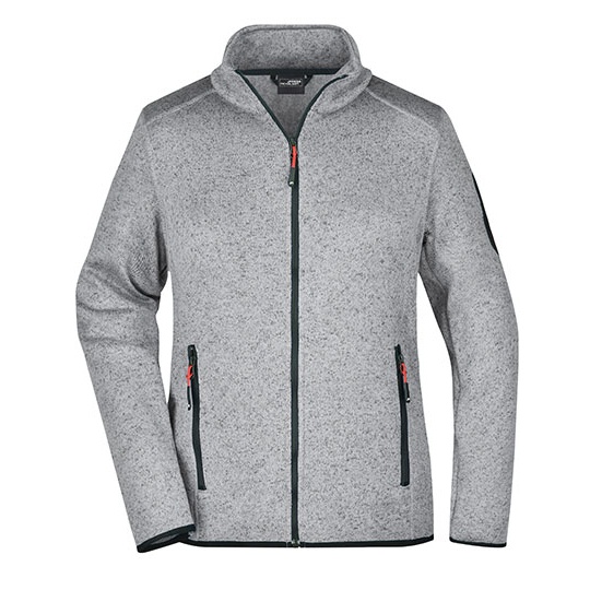 Damska Kurtka Polarowa Dzianinowa Slim JN761 - Light Grey Melange & Red
