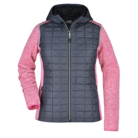Bluza Hybrydowa Damska Slim Pikowana z Kapturem JN771 - Pink Melange & Anthracite Melange