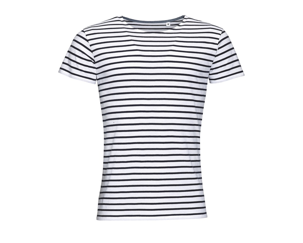 T-shirt Męski Dopasowany Bawełniany w Paski L01398 - White & Navy