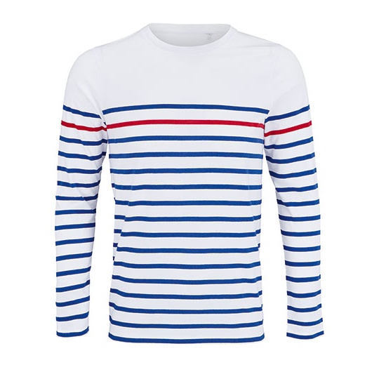 Koszulka Męska Dopasowana Bawełniana w Paski L03099 - White & Royal Blue 241 & Red