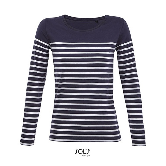 Koszulka Damska Klasyczna Bawełniana w Paski Długi Rękaw L03100 - French Navy & White